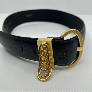Unique LeJon black imported alligator wide belt with goldtone detail Sz Large